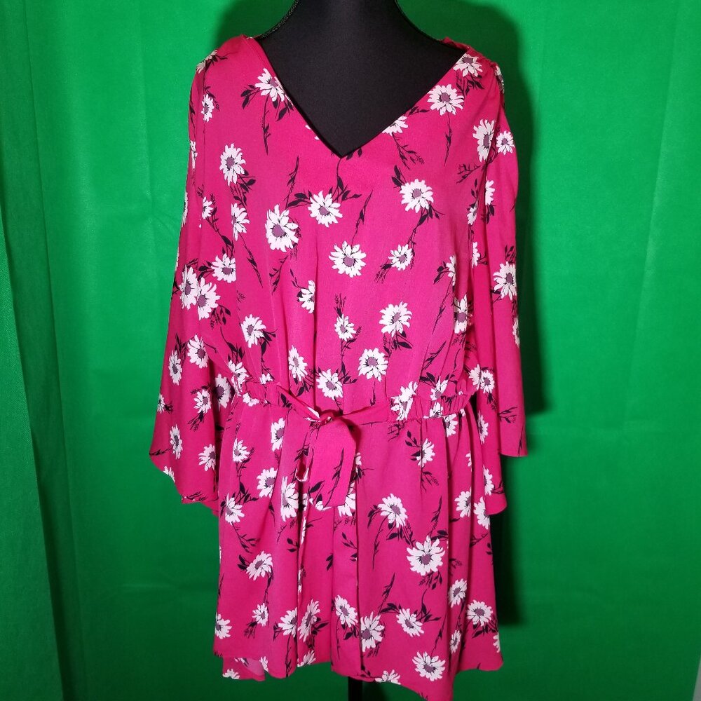 Lane Bryant Pink Floral Kimono Sz 14/16 Blouse Bell Sleeve Retro Boho Coastal